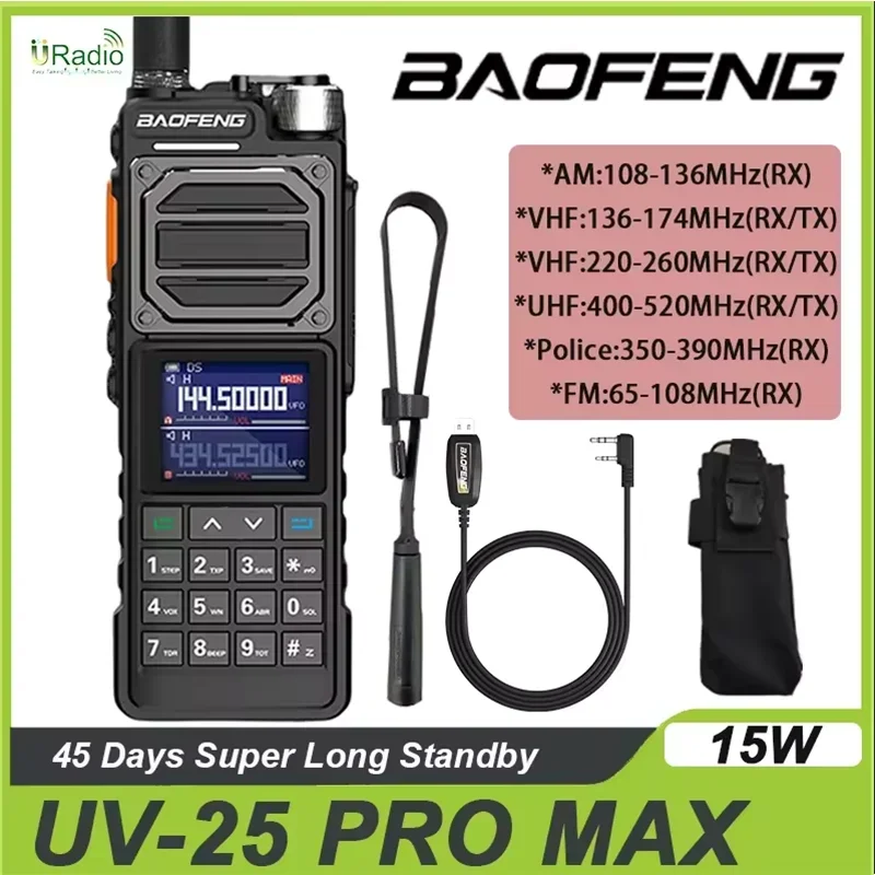 BAOFENG-UV-25 pro maxタクティカルウォーキートーキー,ハイパワー,USB C充電器,双方向ラジオ,6バンド,50km, 136-520mhz,999ch,BF-X5 pro