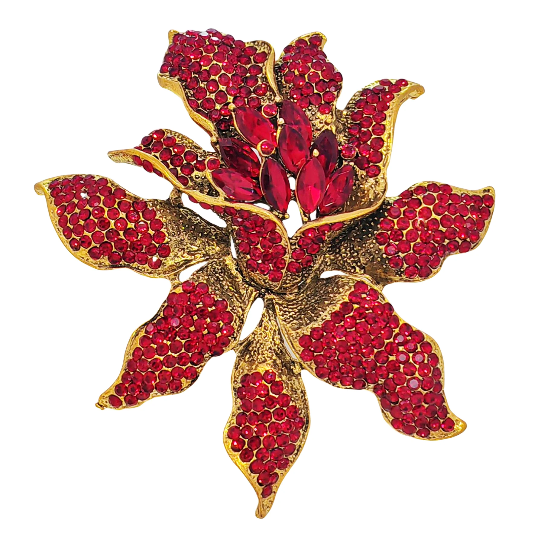 

Splendid Oversize Red Crystal Rhinestone Orchid Flower Brooch Pin Winter Holiday Jewelry