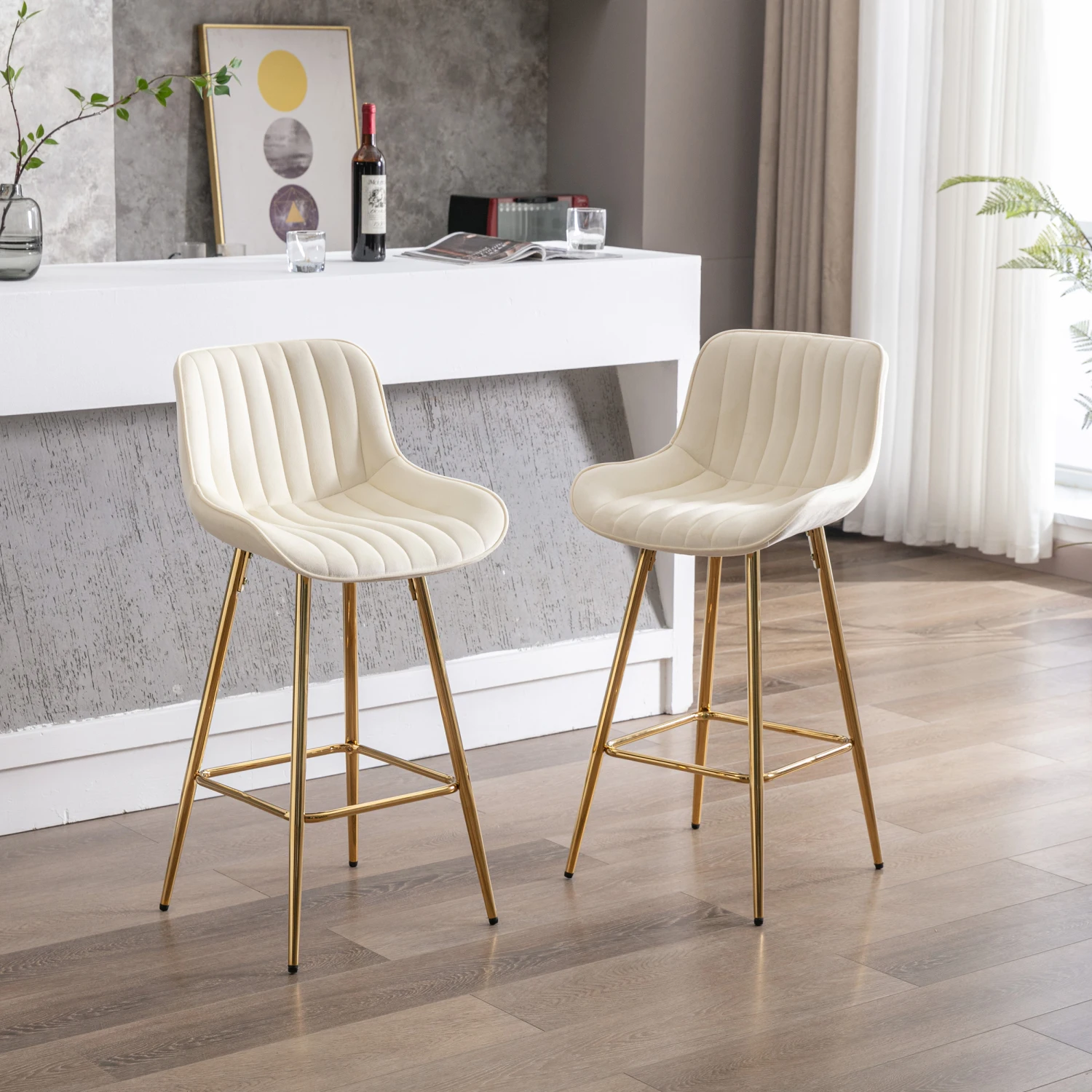 

26 Inch Set of 2 Velvet Fabric Bar Stools with Chrome Footrest and Golden Leg - Cream Color