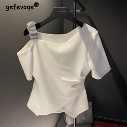 Women's Stylish Rhinestone Strap Sexy Off Shoulder Chic Short Sleeve T-shirts Summer Female Elegant White Slim Asymmetrical Tops