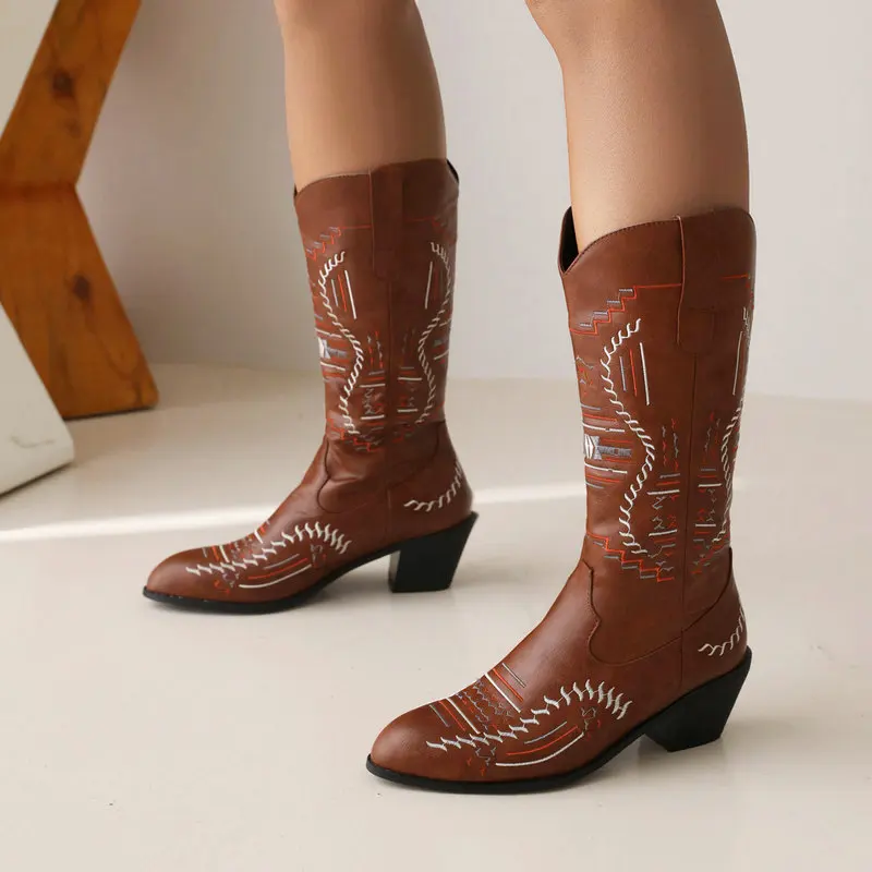 Women's Western Cowboy Boots Vintage Embroidered Round Toe Chunky High Heel V Cut Mid Calf Rider Long Boots