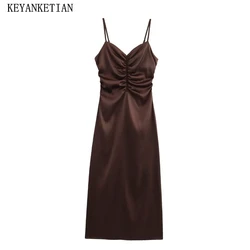 KEYANKETIAN 2024 New Launch Women's Pleats Decoration V-Neck Sexy Slip Dress Summer Back Zipper Slim Elegant Satin MIDI Dresses