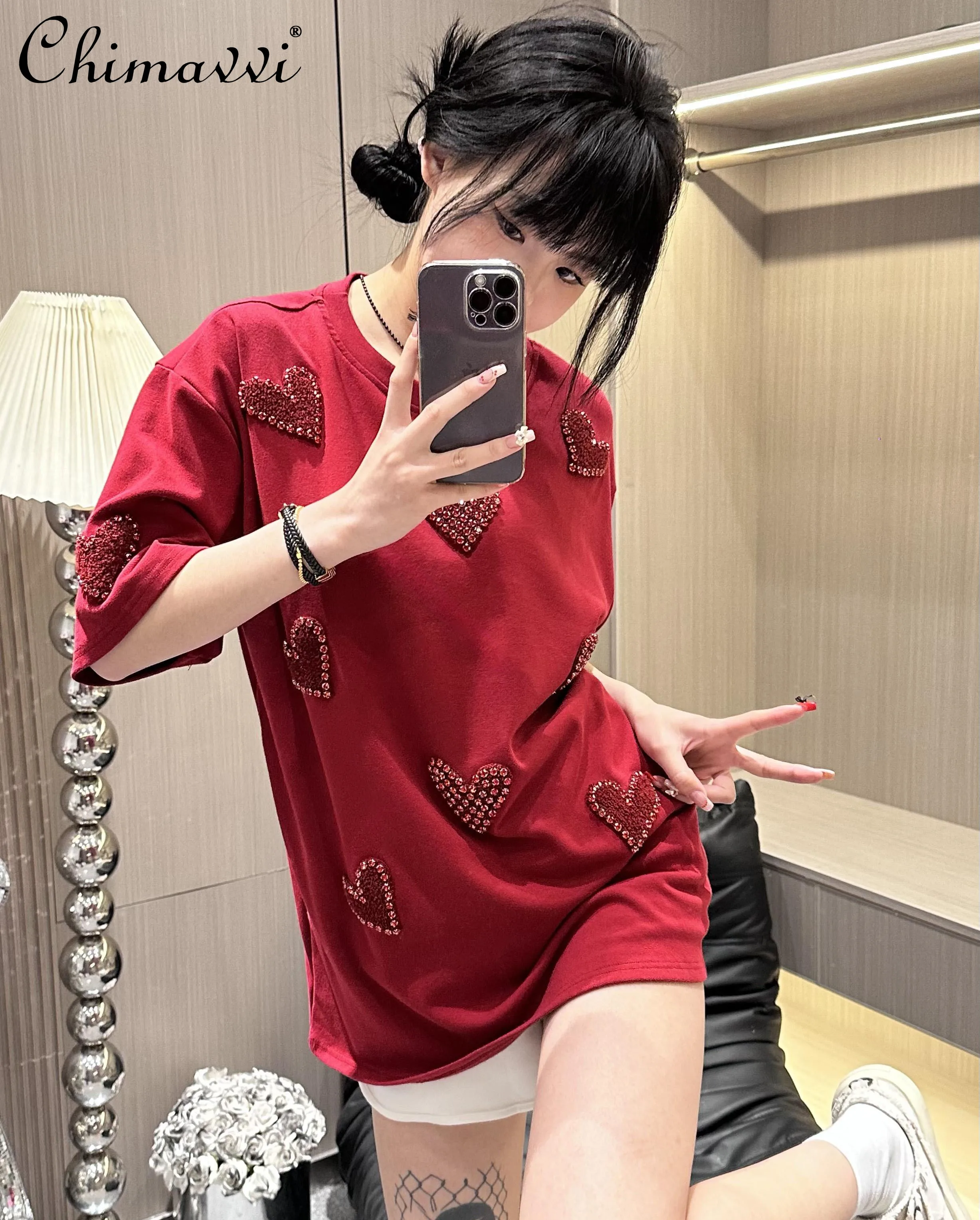 

Spring New Fashion Thickened Polished Flocking Diamond Love Short-sleeved T-shirt Women's Loose Sweet Cool Bottoming Shirt Top