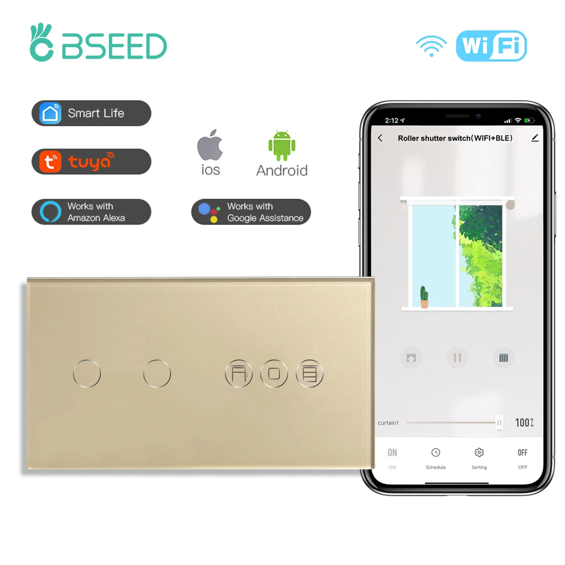 BSEED WLAN-Lichtschalter 1/2/3-fach 1/2/3-Wege mit Smart-Rolladen-Schalter, Touch-Jalousie-Schalter, Tuya Smart Life Drahtlose Steuerung