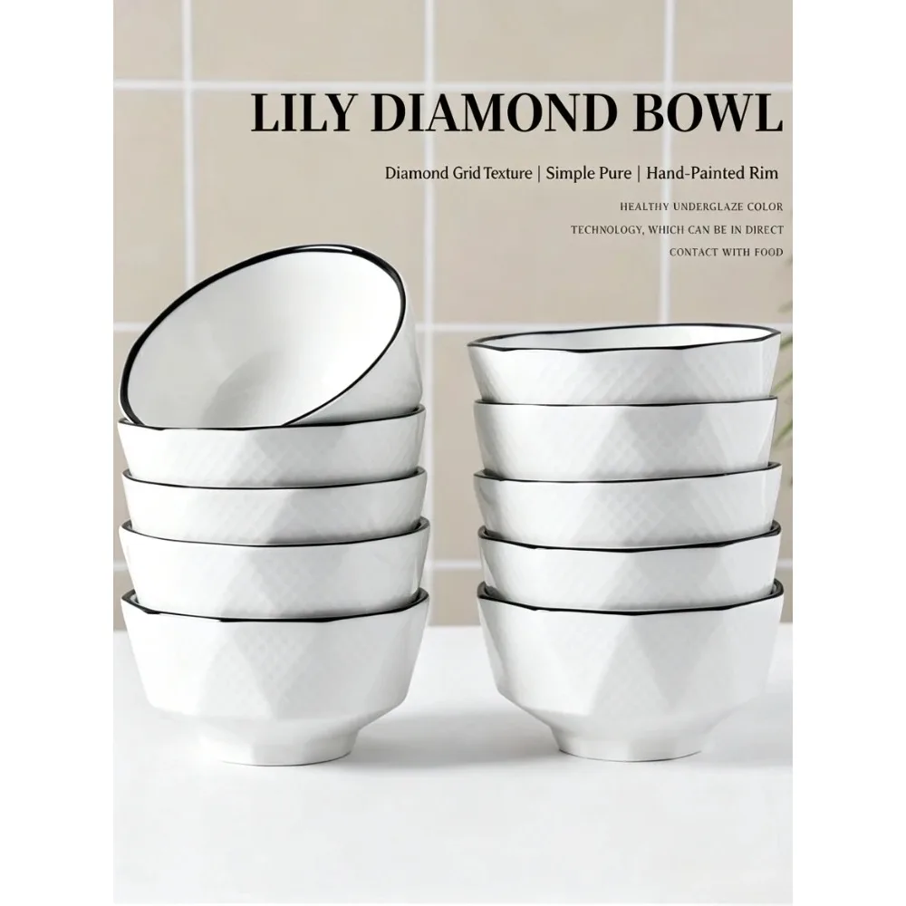 4.5 Inch Diamond Lily Ceramic Rice Bowl Microwave Dishwasher Safe Custom Personalized Household Kitchen Tableware Dinner Bowl