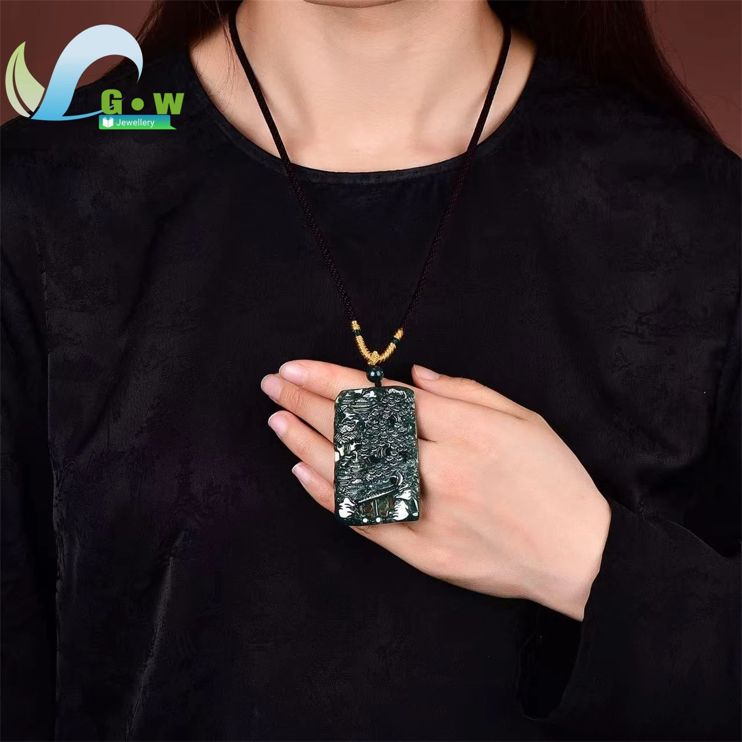 Natural A Grade Jadeite Blue Water Landscape Plaque Pendant Exquisitely Carved Scenery Hanging Ornament Unisex Jewelry Gift