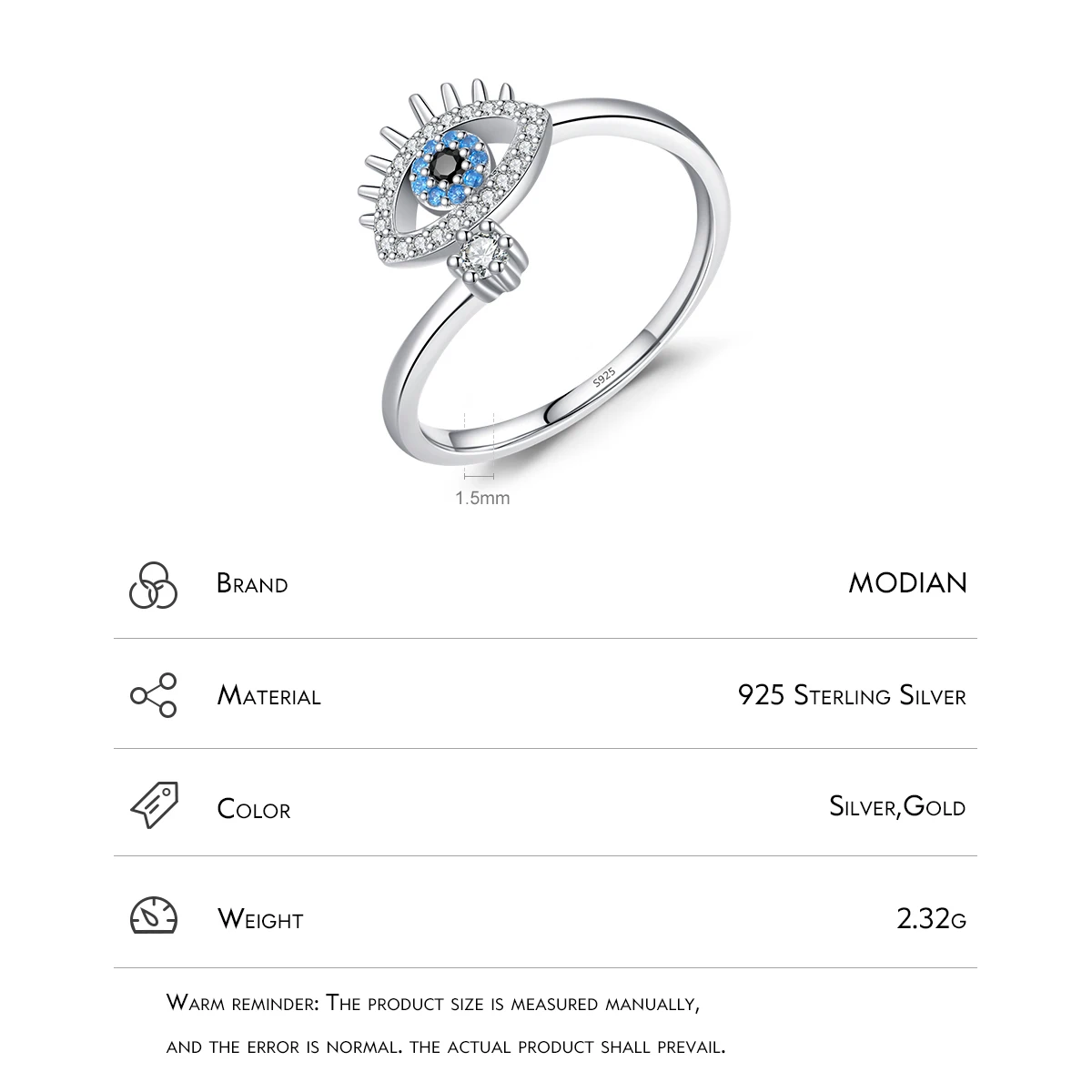MODIAN 925 스털링 실버 여성용 섹시한 속눈썹 조절 링, 파란 눈 오프닝 링, 파티 파인 주얼리, 크리스마스 선물