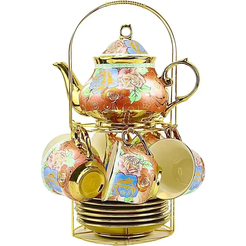 20 Pieces Porcelain Tea Set With Metal Holder, European Ceramic tea set for adults,Flower Tea Set,Tea Set For Women With Flower