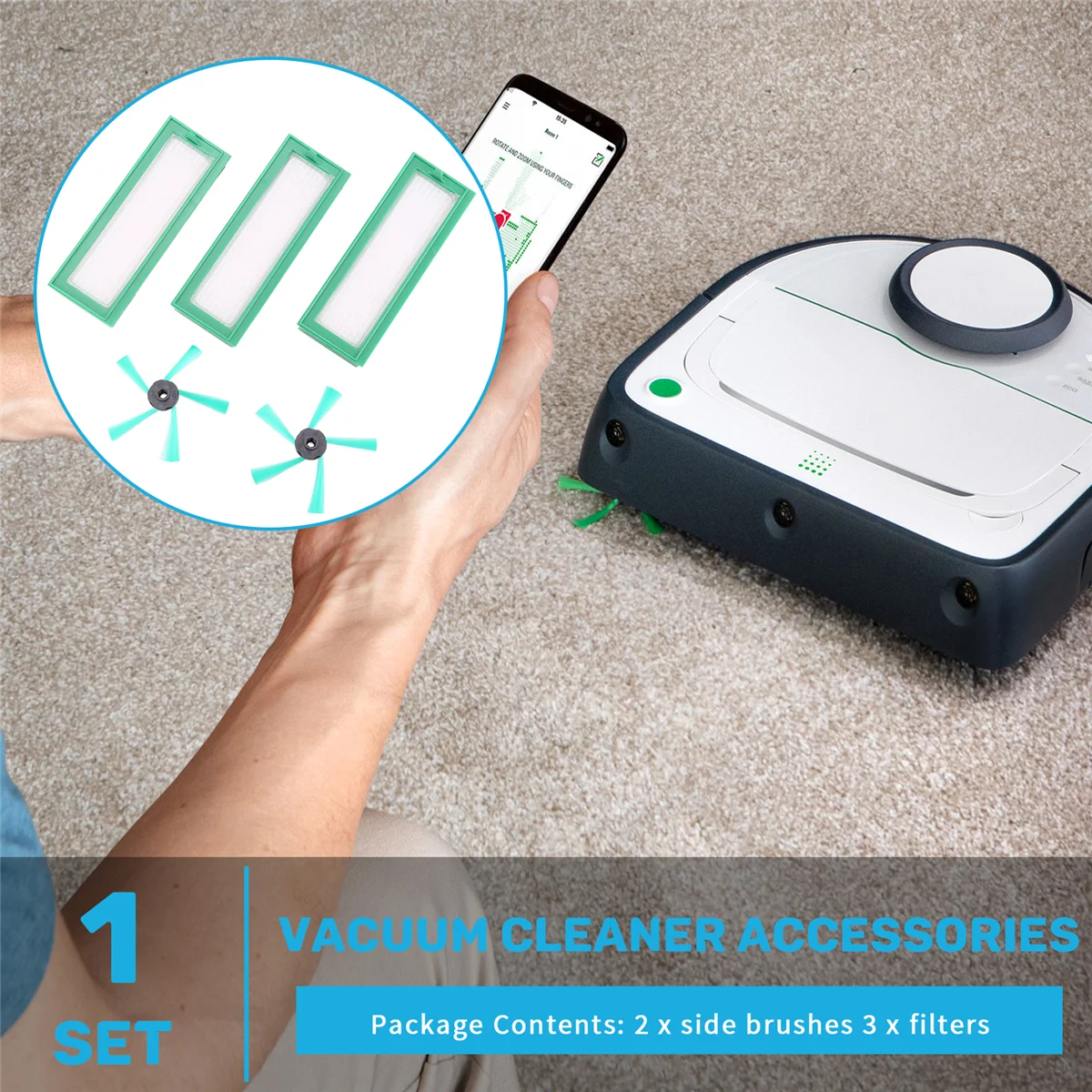 مجموعة إكسسوارات ساخنة لروبوتات المكنسة الكهربائية Vorwerk Kobold VR200 & VR300 - 3 مرشحات HEPA و2X فرش جانبية