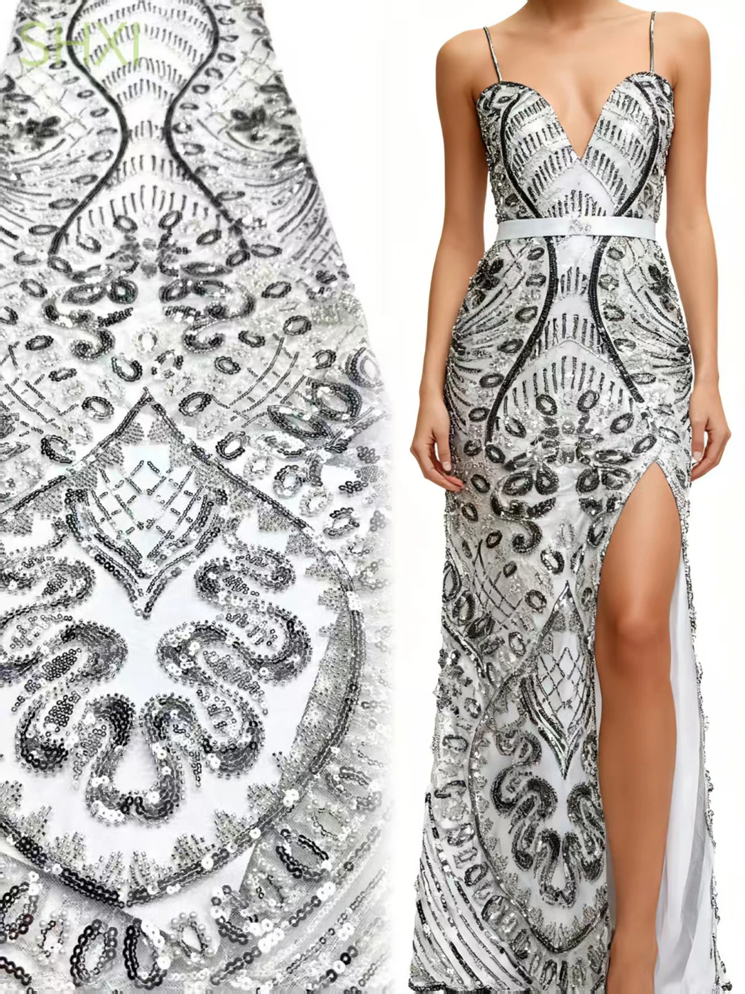 

Французская кружевная ткань Элегантная африканская вышивка с блестками и бисером Тюлевое кружево для вечерних платьев (5 ярдов, белый)