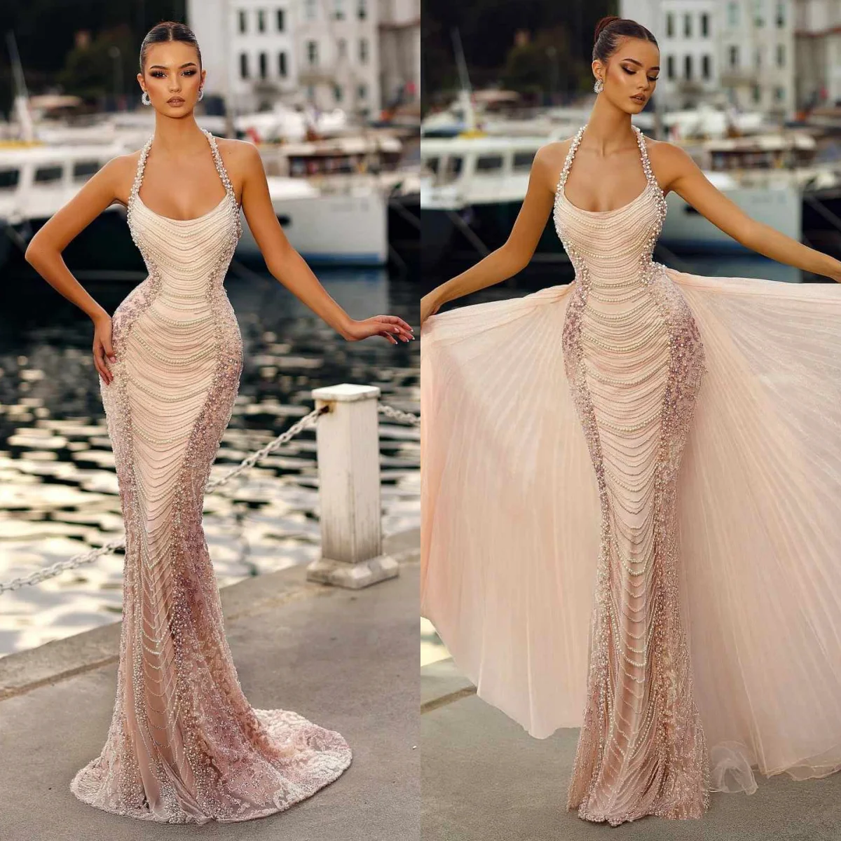 

Elegant Mermaid Evening Dresses Halter Neck Overskirt Prom Gowns Pearls Beading Customized Vestidos De Gala