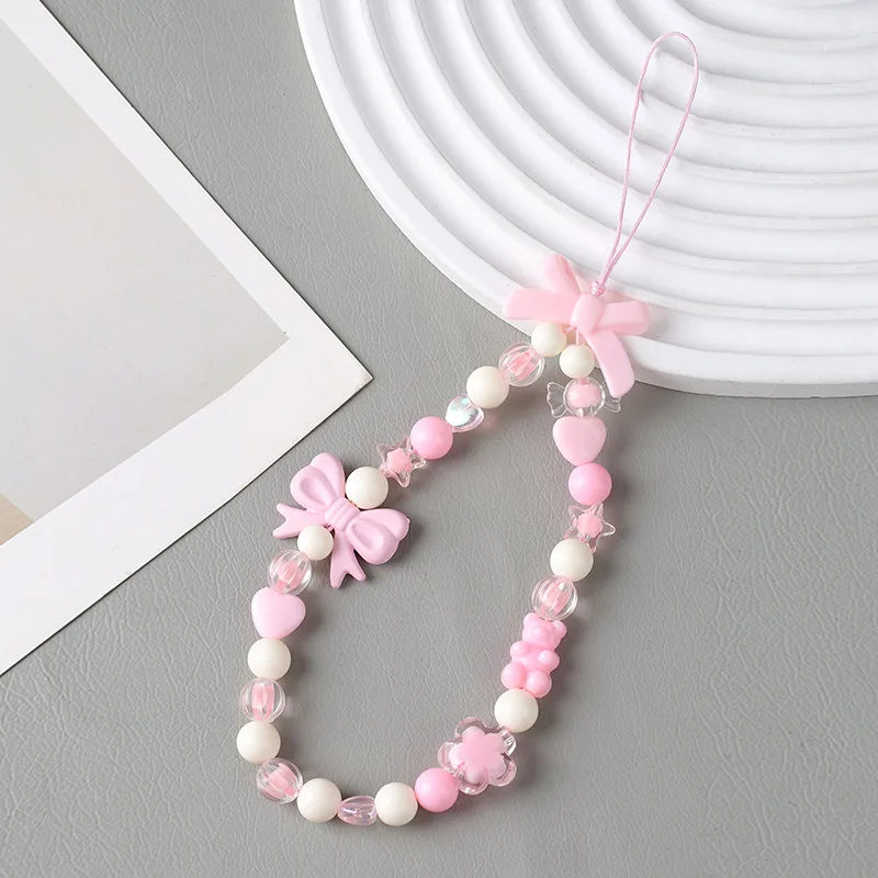 

Pink Bowknot Bear Star Flower Cellphone Lanyard Phone Chains For Women Girls Sweet Pearl phone Charm Strap Anti-lost Accessories