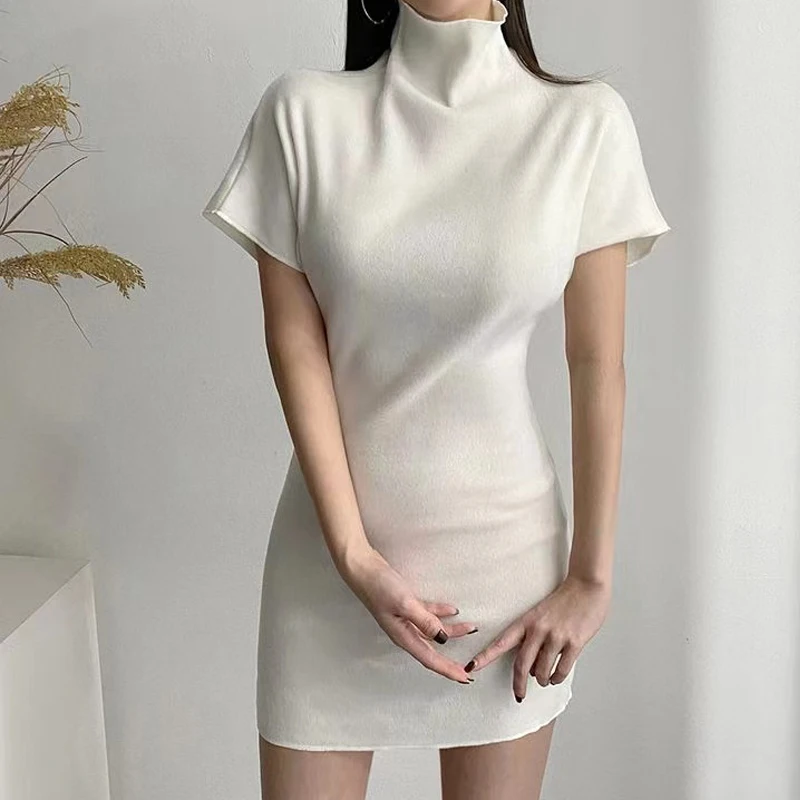 Vestido Mini de Veludo com Gola Alta Coreano para Mulheres, Confortável, Emagrecendo, Versátil, Camada Base, Novo Lançamento Primavera Verão