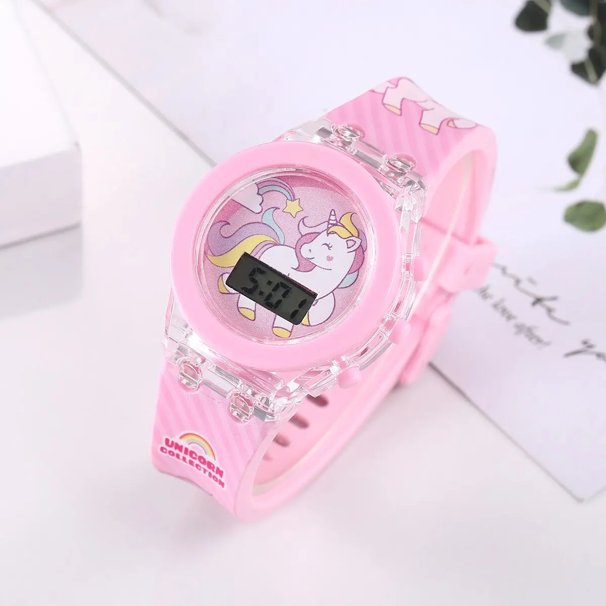 Luminous Children Watches for Girls Flash Glow Up Light Colourful Cartoon Unicorn Digital Electronic Clock Birthday Party Gifts