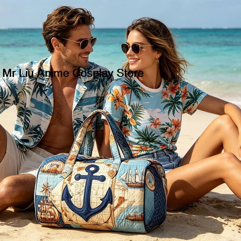 

3D Vintage Nautical Quilted Duffel Bag for Unisex Anchor Compass Canvas Weekender Overnight Travel Bag for Beach Vacation Gym