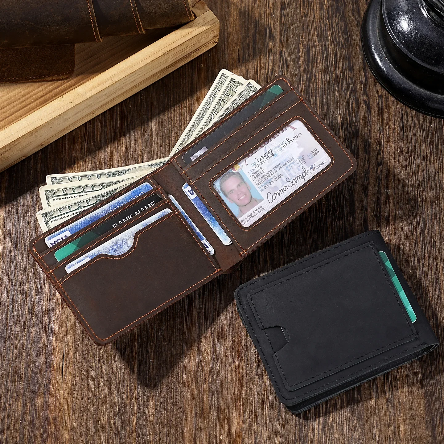 Men's Full Grain Leather Bifold Wallet - Slim Purses with ID Windows, 6 Card Slots & Cash Pockets,Front Pocket Wallets for Men