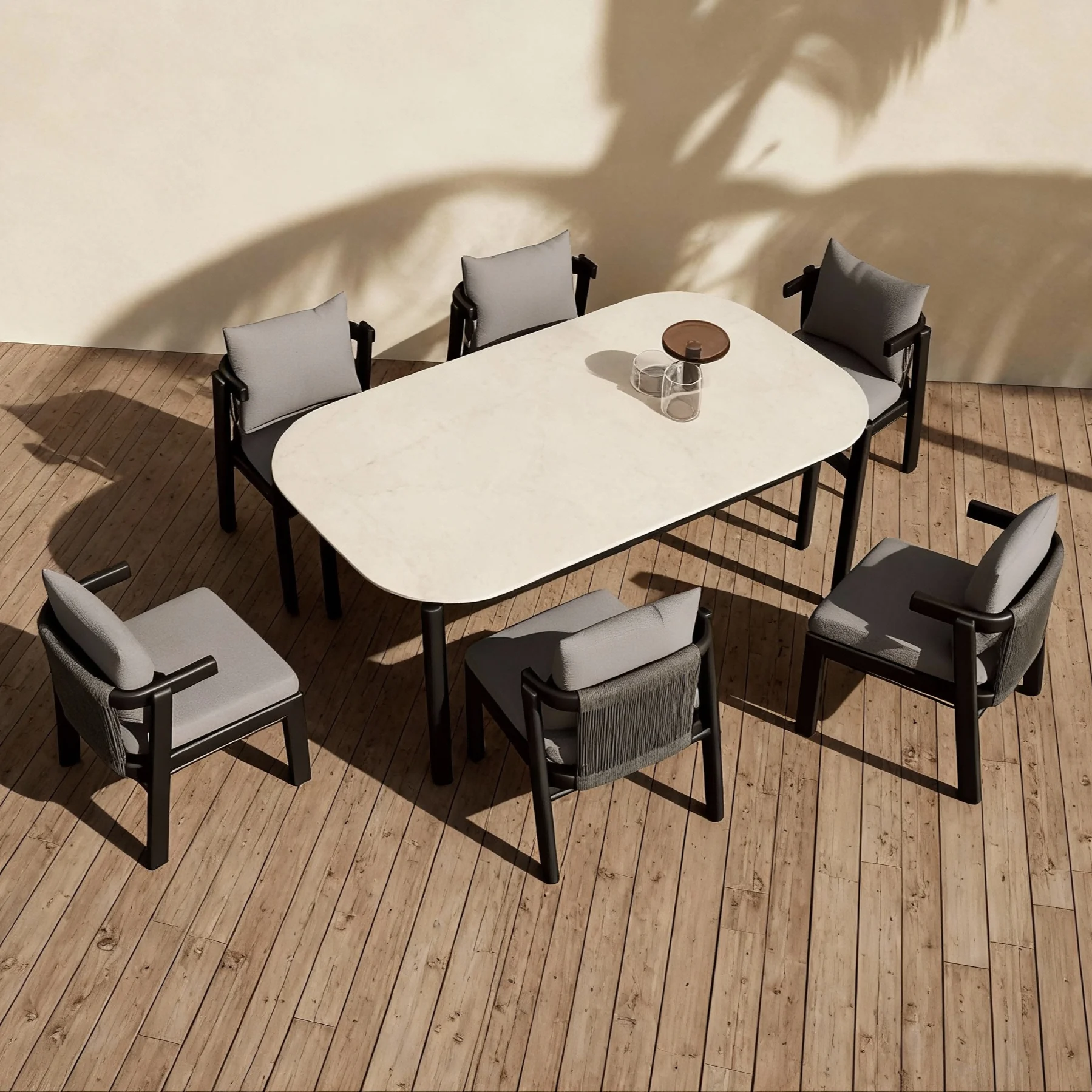 

！@Dwoo Outdoor Waterproof Garden Dining Set Rectangle Dining Table Set Aluminum Rope Woven Frame Dining Chairs Set