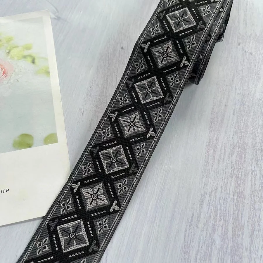 10 Yards/lot Ethnic Style Webbing Woven Jacquard Ribbon Black flowers For Guitar Strap Clothing Accessories LS-2229 Width 5 CM