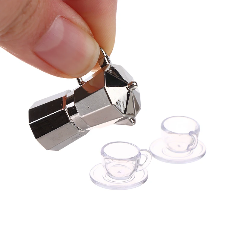1 conjunto 1:12 casa de bonecas em miniatura bule café chaleira metal moka pot com 2 copos bandeja cozinha modelo decoração brinquedo casa boneca acessórios