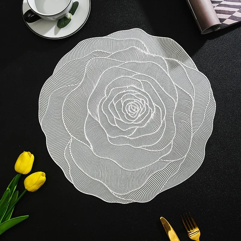 1Pc 38x38cm Round Rose Flower Pattern Home Kitchen Table Placemat PVC Insulation Cup Mat Wedding Party Decoration