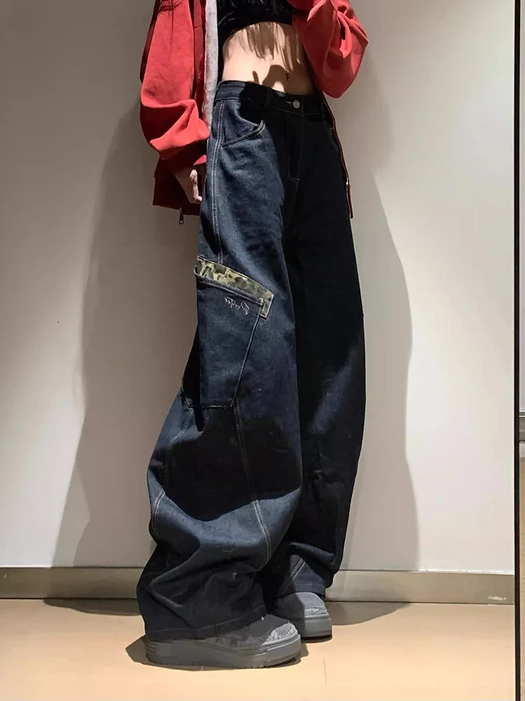 Hip Hop Leopard Print Spliced Baggy Jeans Yk2 Grunge New 2000s Wide Leg Denim Pants Korean Popular Clothes Women Flared Jeans