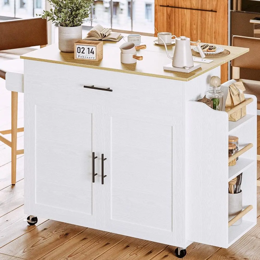

Kitchen Island with Storage, Rolling Kitchen Island on Wheels with Drop Lea, 3 Open Spice Rack Shel, Door Cabinet, Der, Kitchen