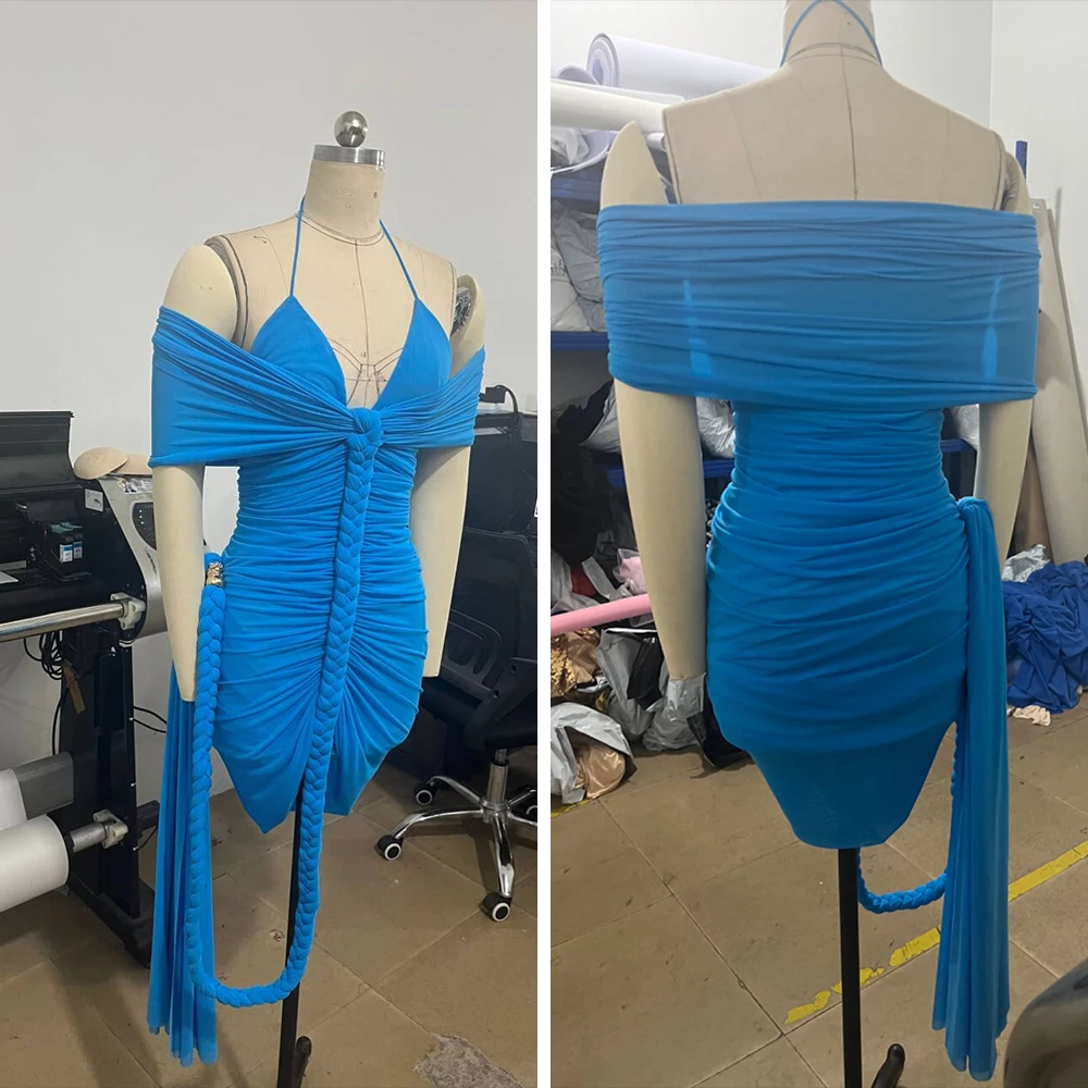 홀터넥 장식 로프 주름 미디 드레스 메쉬 브레이드 발레리나 넥라인 섹시 드레스 생일 파티 칵테일 이브닝용