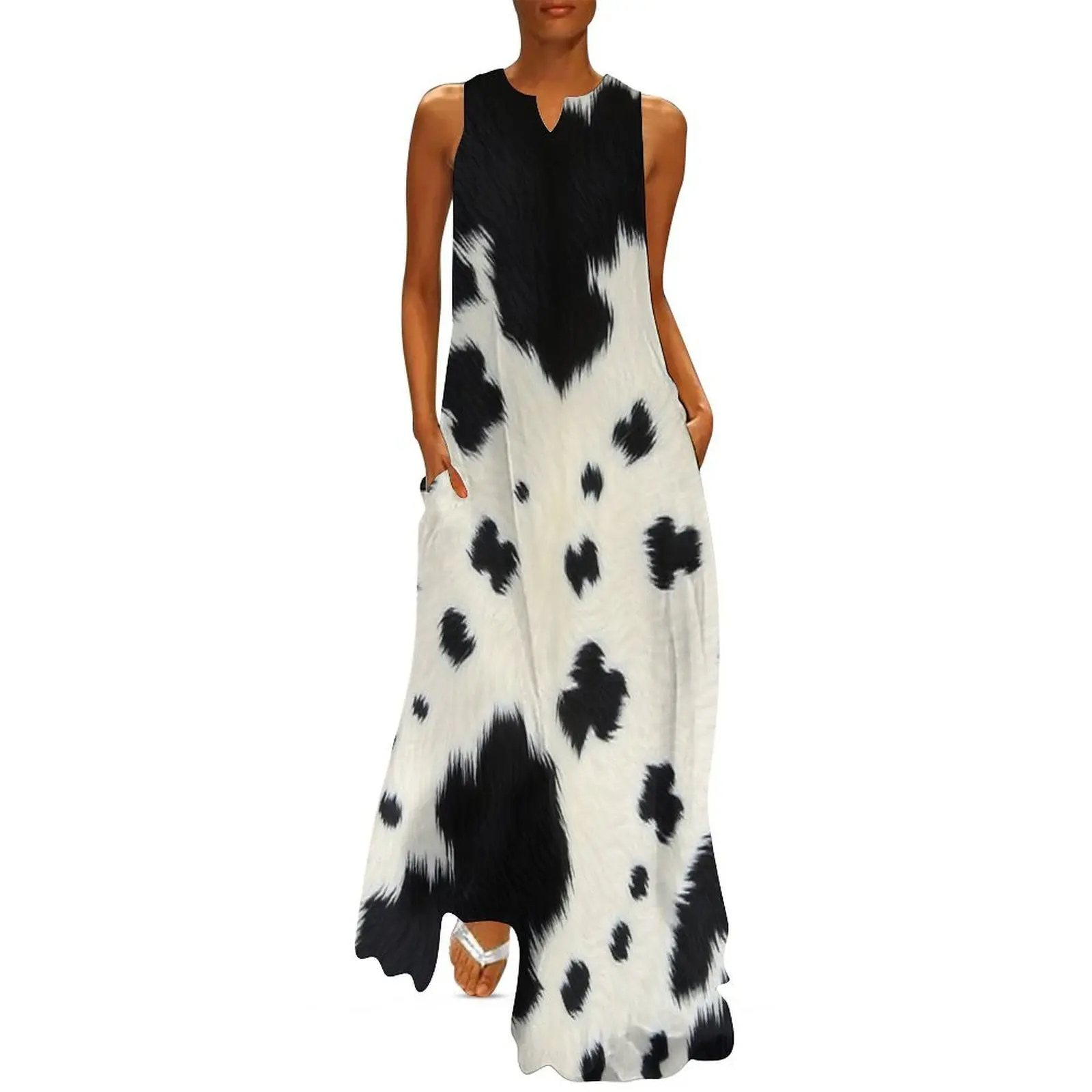 

Black Cowhide, Modern Cowhide Faux Leather, Cow Skin Print Pattern Long Dress chic and elegant evening dress