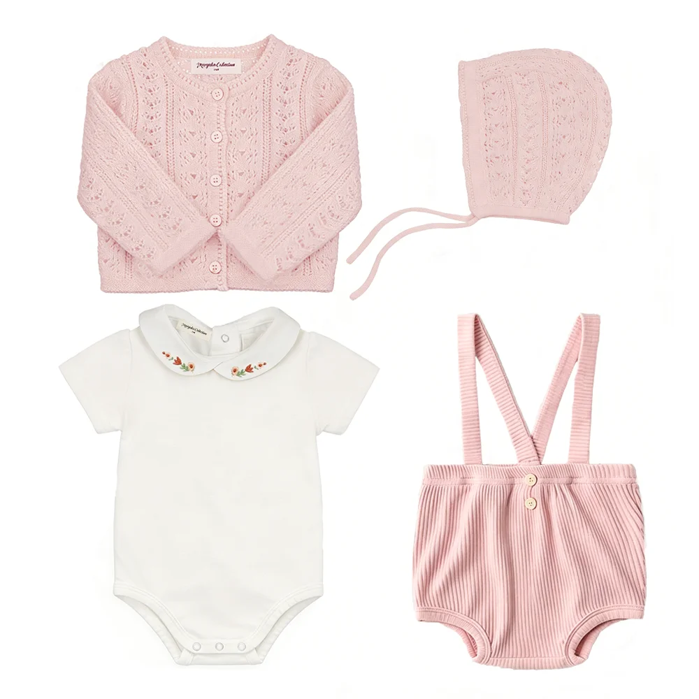Niedliches Babykleidungsset Baumwolle Weißer Baby-Body Hosenträger-Shorts Frühling Gestrickter Cardigan Kleinkinderbekleidung