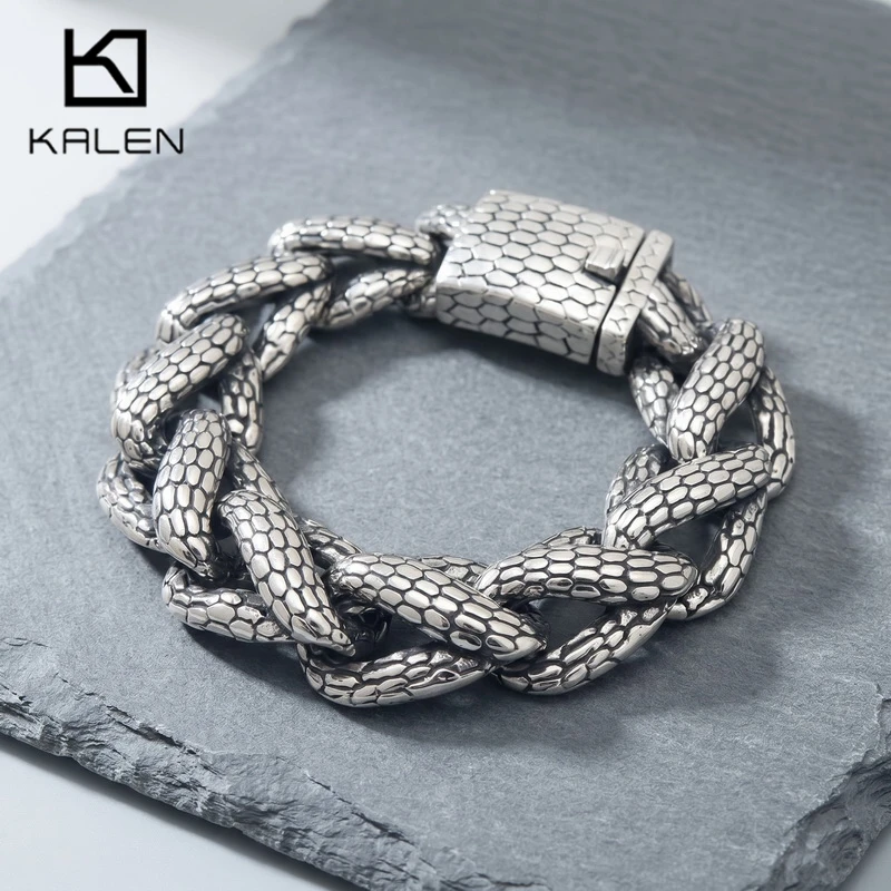 Kalen Snake Skin Cuban Link Men's Bracelet Punk Heavy Stainless Steel Motorcycle Jewelry Vintage Metal Accessory Gift Waterproof