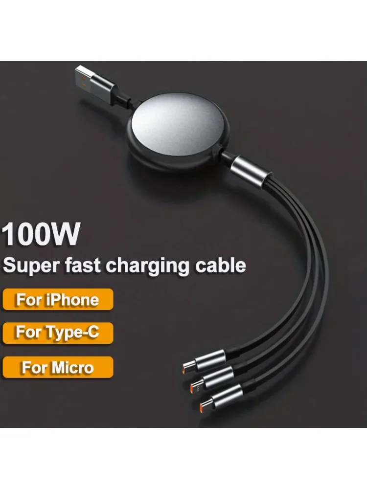 Wysuwany kabel USB do szybkiego ładowania 3 w 1 o mocy 100 W do iPhone'a 14 USB typu C/Micro do Sumsung Xiaomi 13 Huawei Przewód USB do ładowania telefonu — zdjęcie 2