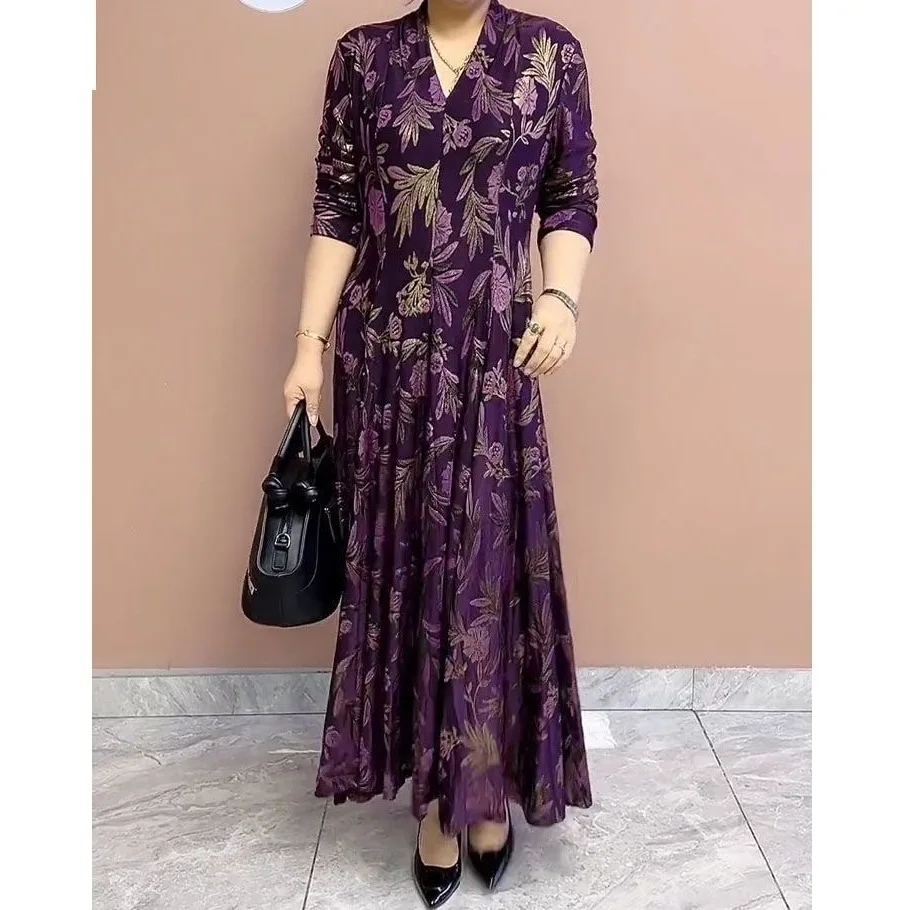 Vestido largo de manga larga con cuello en V para mujer, prenda informal elegante y versátil, con estampado a la moda, para primavera y otoño, 2023