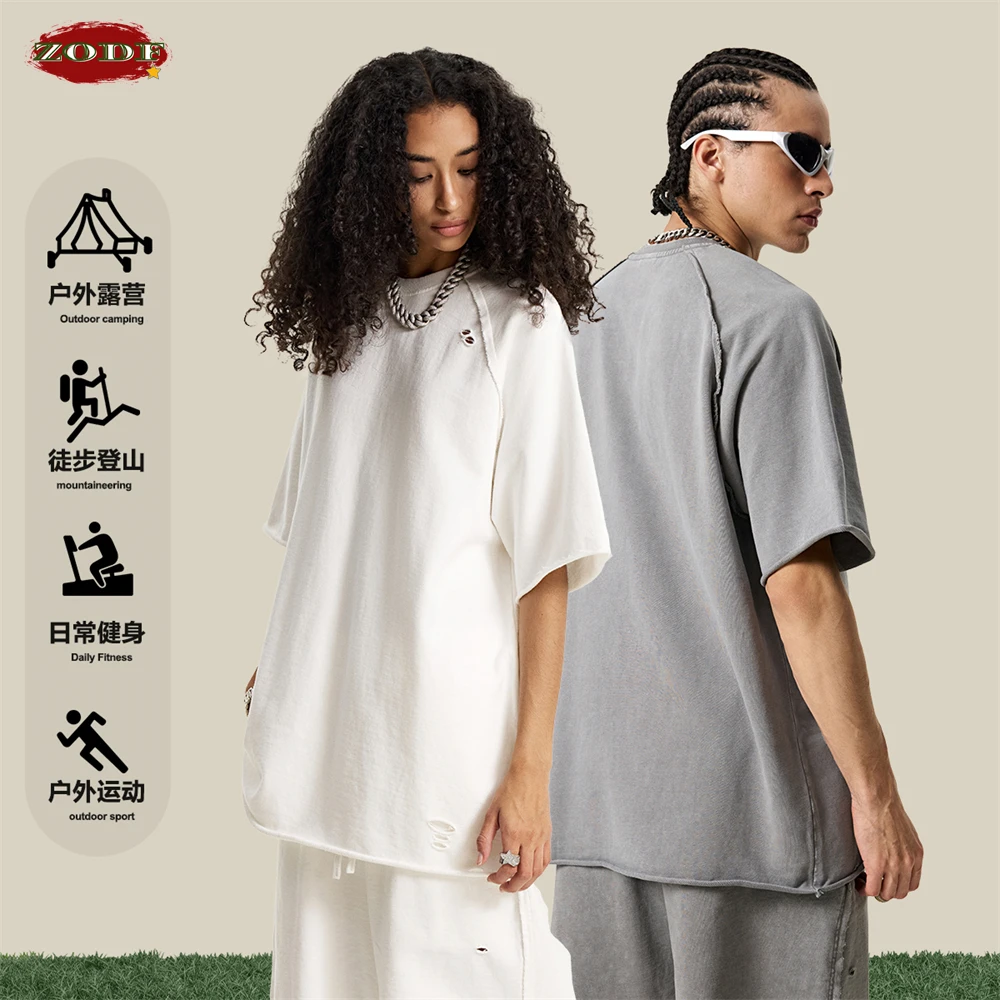 ZODF 2025 Men Summer Heavy Weight Washed 330gsm Cotton T-shirt Unisex High Street Distressed Holes Oversized T Shirts Tee HY0984 view 2