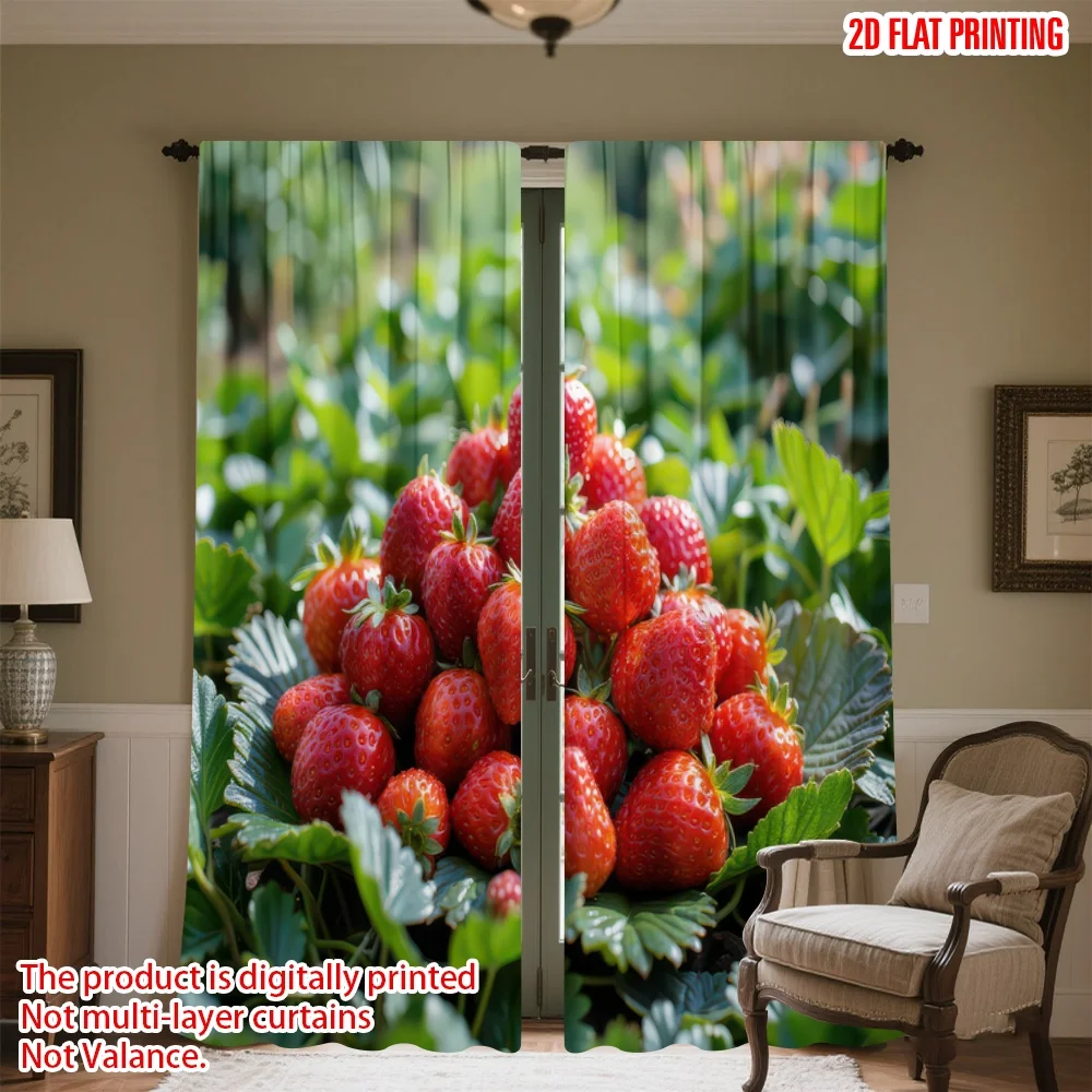 

2D flat printing 2pcs Scene Curtain Fresh Strawberries Pile Digital Printed Polyester Drapes Holiday Decorations for Festive and