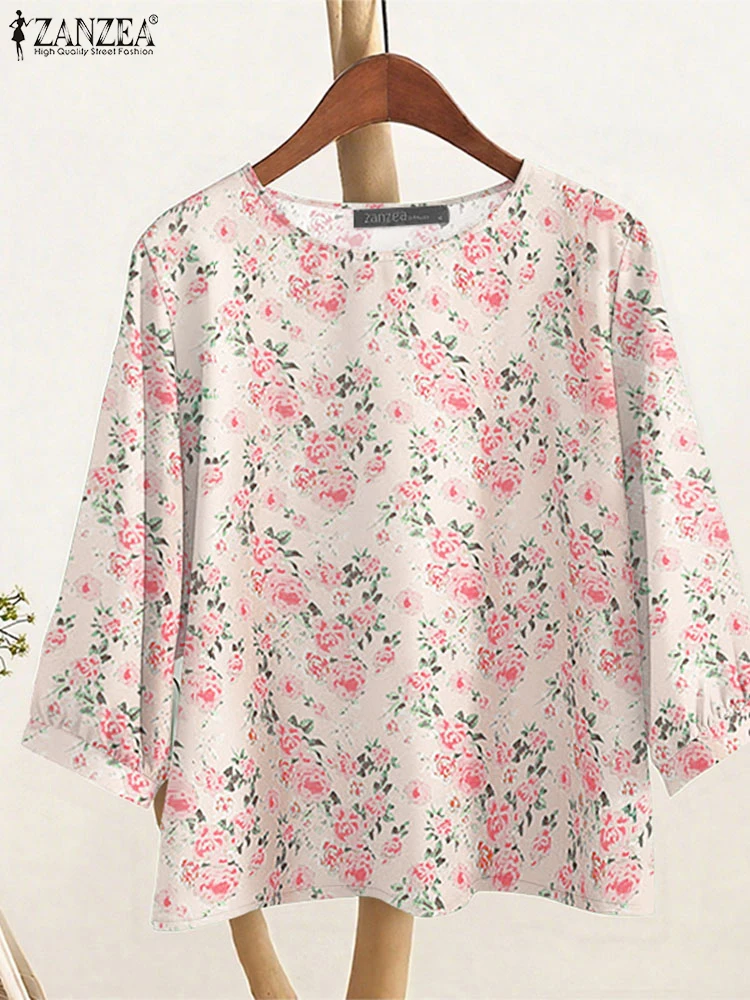 ZANZEA 2025 Autunno Donna Camicette Casual Alto-Basso Abbigliamento da giorno Stampa floreale T-shirt Leggero Manica 3/4 O-Collo Blusas Mujer