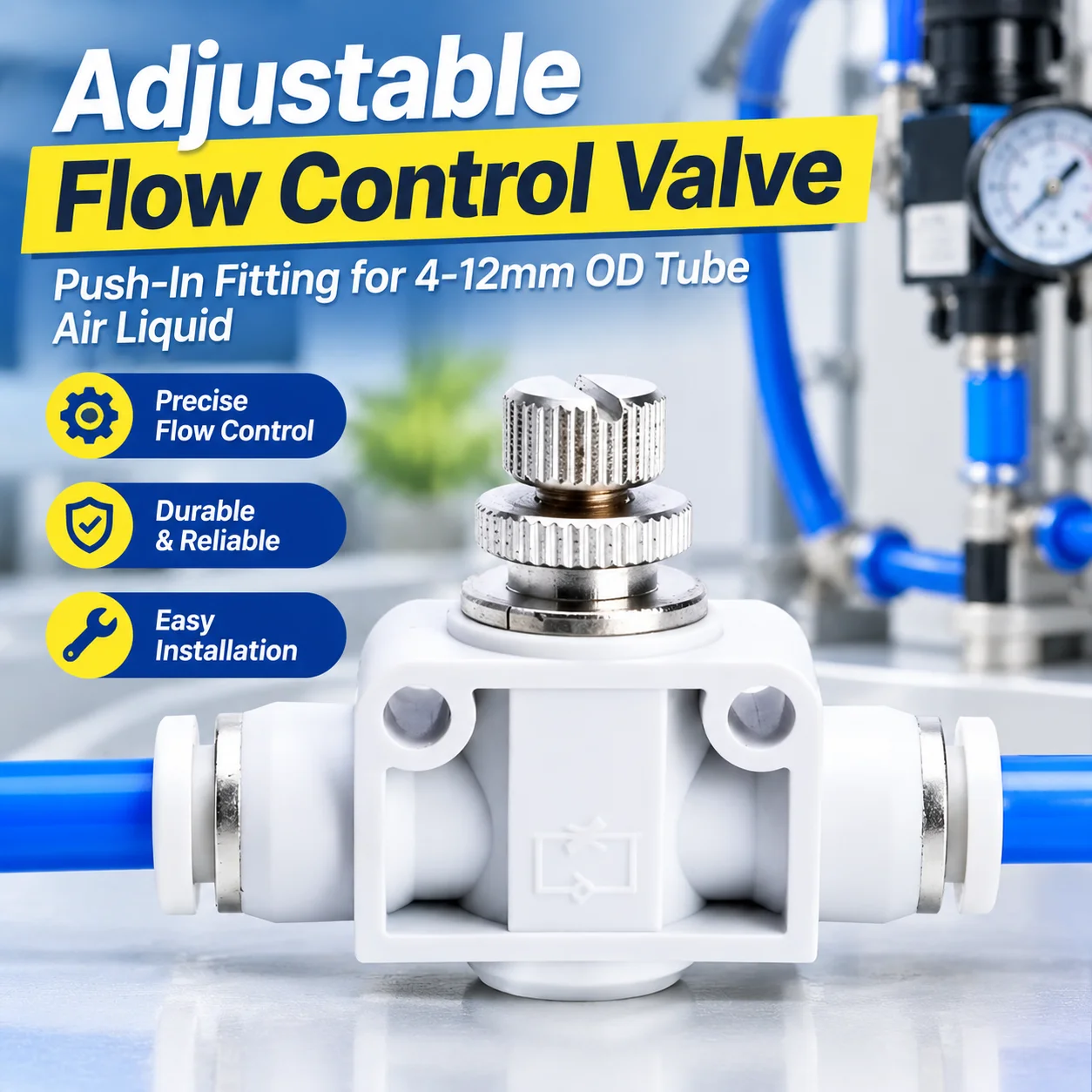 Adjustable Pneumatic Flow Control Valve Push-In Fitting for 4-12mm OD Tube Air Liquid