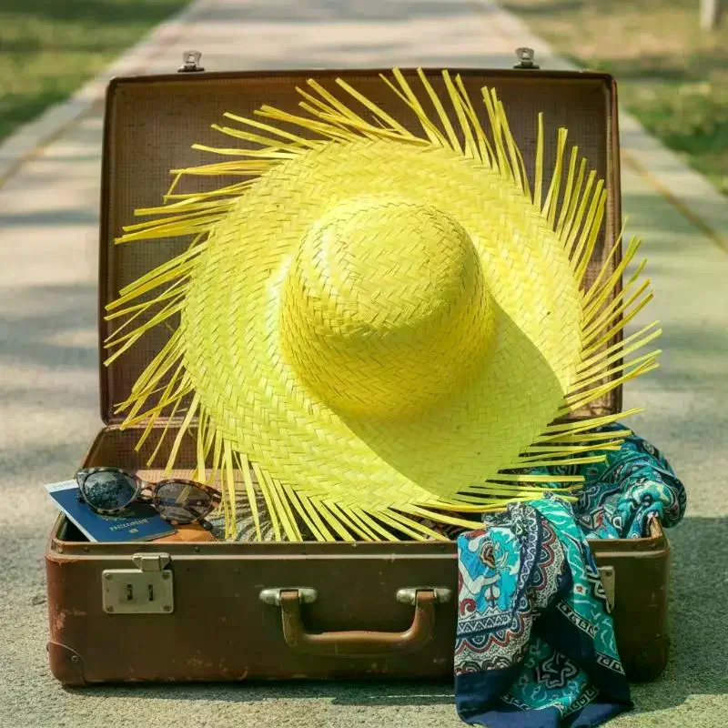 Trendy Beach Sunscreen Hat Unisex Frayed Brim Woven Straw Sun Hat Outdoor Travel Pool Party Colorful Straw Hats