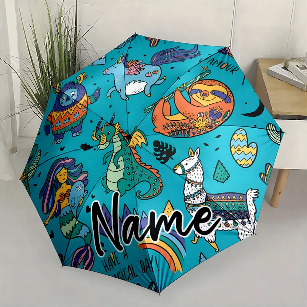 Custom Name Umbrella Whimsical Creature Umbrella Design Print 8 Iron Ribs Folding Umbrella Auto-Open Fashion Sunshade