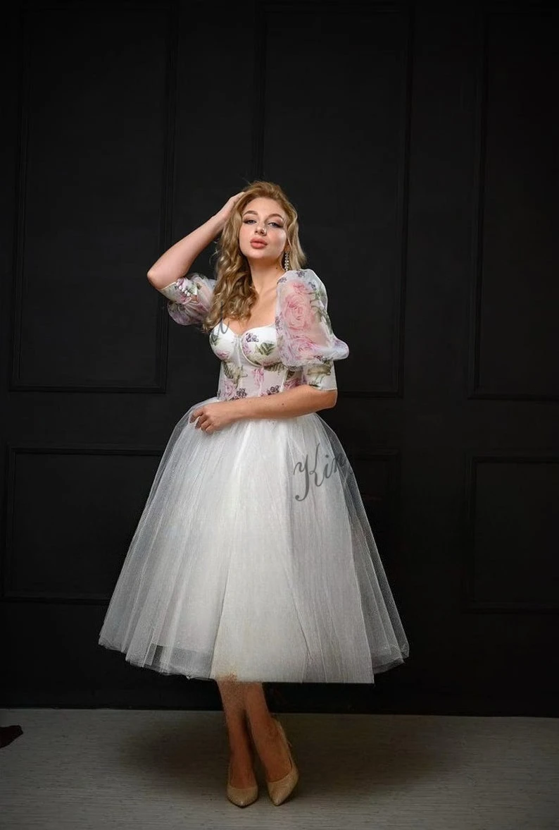 Elopement Teelange Brautkleider für den Empfang, kurzes Korsett-Hochzeitskleid mit Glockenärmeln, Midikleid, schlichtes kurzes Hochzeitskleid