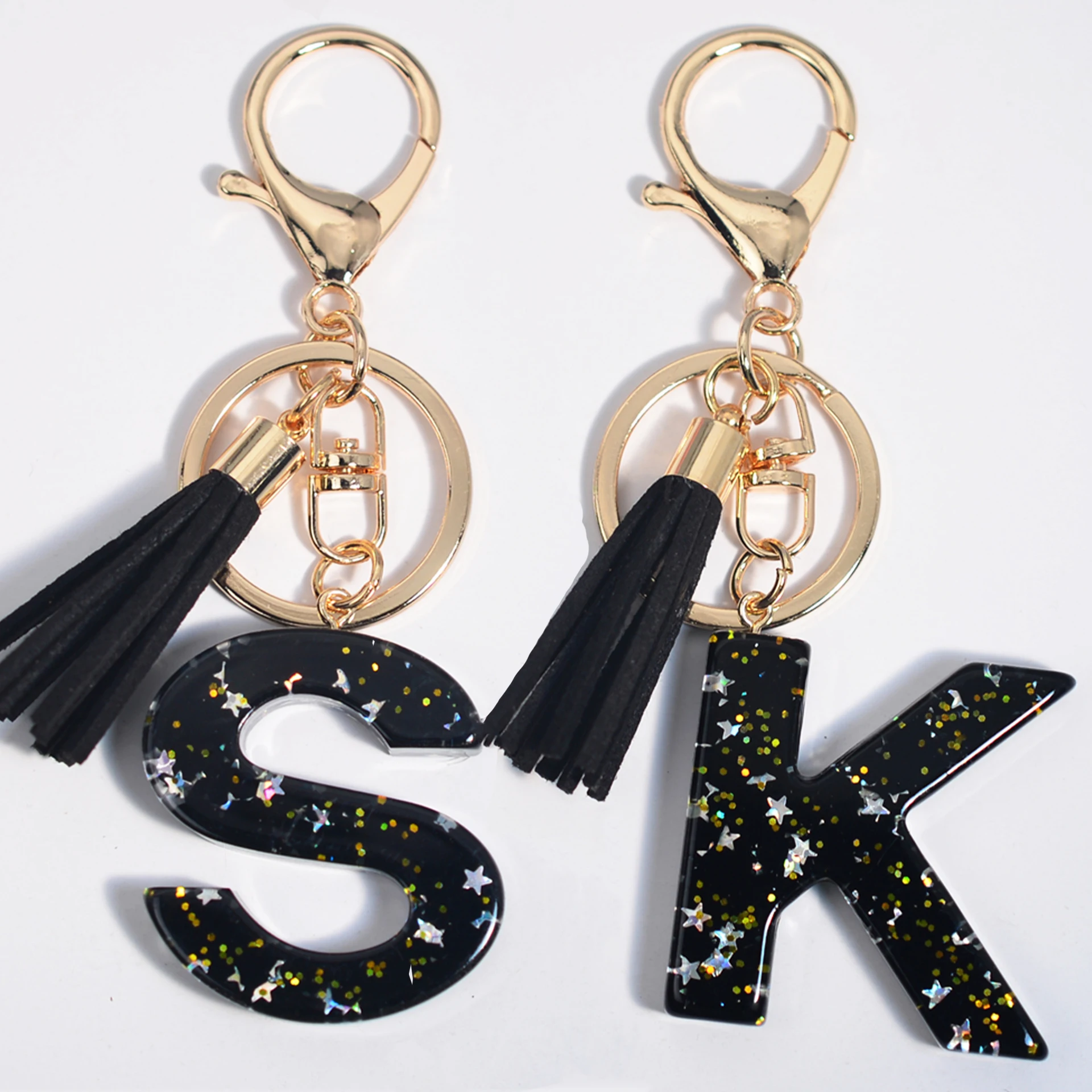 Shiny Star 26 Letter Keychain for Women Men Black Tassels A-Z Initial Pendant Keyring Purse Bag Car Ornament DIY Jewelry Gift