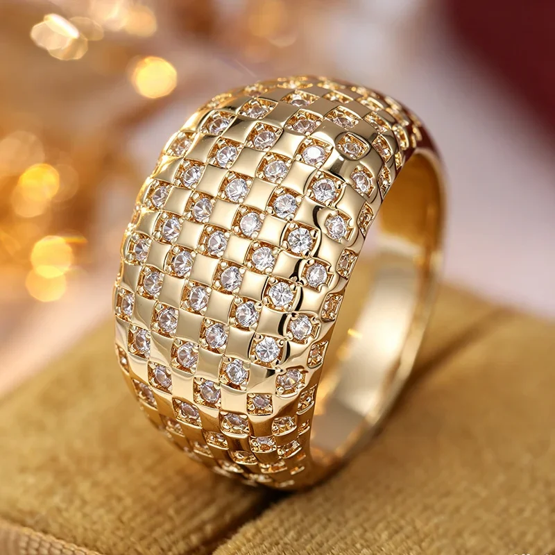 Ladies' Wide Fashion Ring with Grid Design and Multi Layers Embedded White Cubic Zircon Shining Exquisite Ring Jewelry