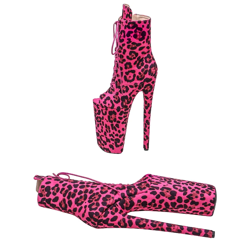 Leecabe  26CM/10inches Suede leopord print  sexy exotic Extreme High Heel platform party open toe  shoes Pole Dance boot  3B