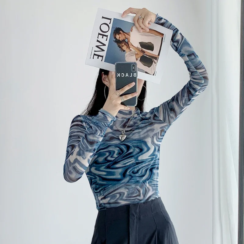 เสื้อยืดผู้หญิงคอเต่าวินเทจเชียร์ฮอตสลิมกันแดดแขนยาวแฟชั่นสไตล์อเมริกันสตรีทแวร์ออลแมตช์ อิน