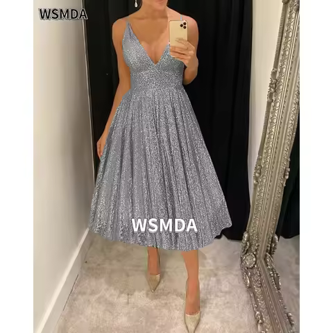Shiny Sequins Tea Length Cocktail Dress V-neck Backless A-line Short Party Dresses Women Evening Club Dress