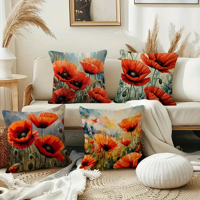 2D Flat Red Poppy Flower Pillow Covers, 4pcs Set, Double Sided Print, Floral Art Decor Cases for Sofa Home Decor