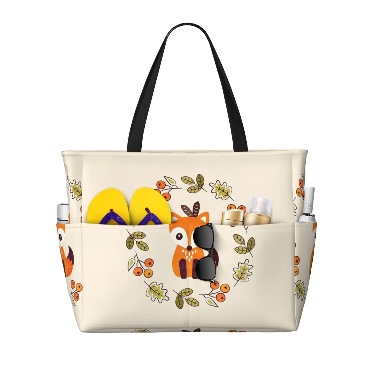 Little Fox With Autumn Berries Beach Tote Bag Sport Gym Yoga Duffle Large Tote Bag Women Travel Bag Fitness bag