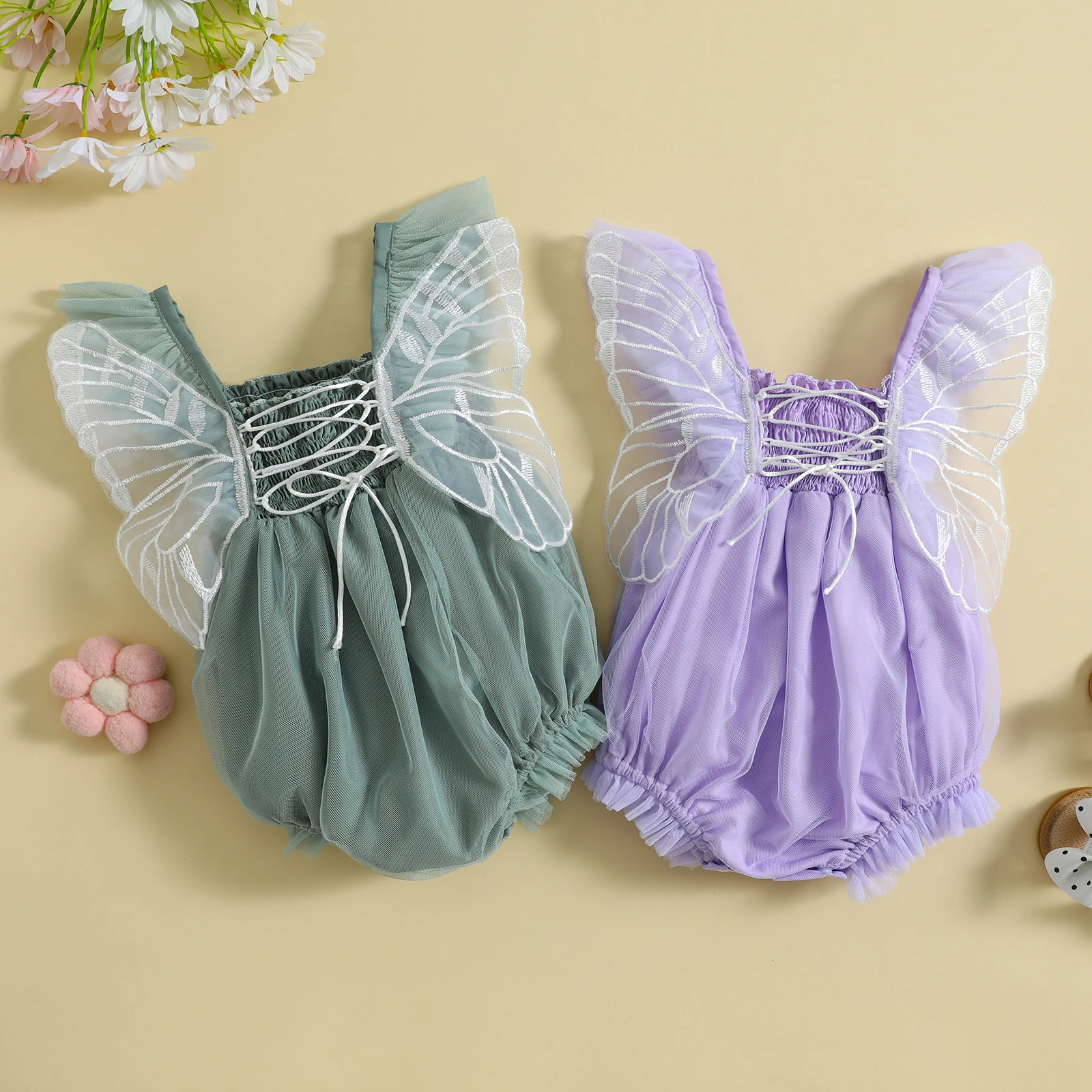 

0-2Y Baby Girls Spring Romper Pleated Fly Sleeve Embroidery Butterfly Lacing Summer Bodysuit Cute Girls