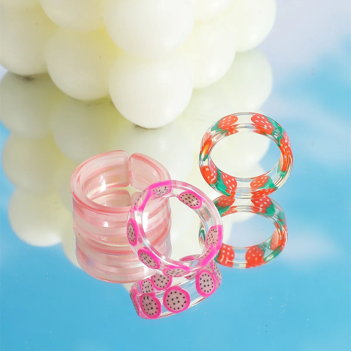 Transparent Colorful Fashion Resin Fruit Ring Combination Suit Lovely Temperment Acrylic Rings for Women