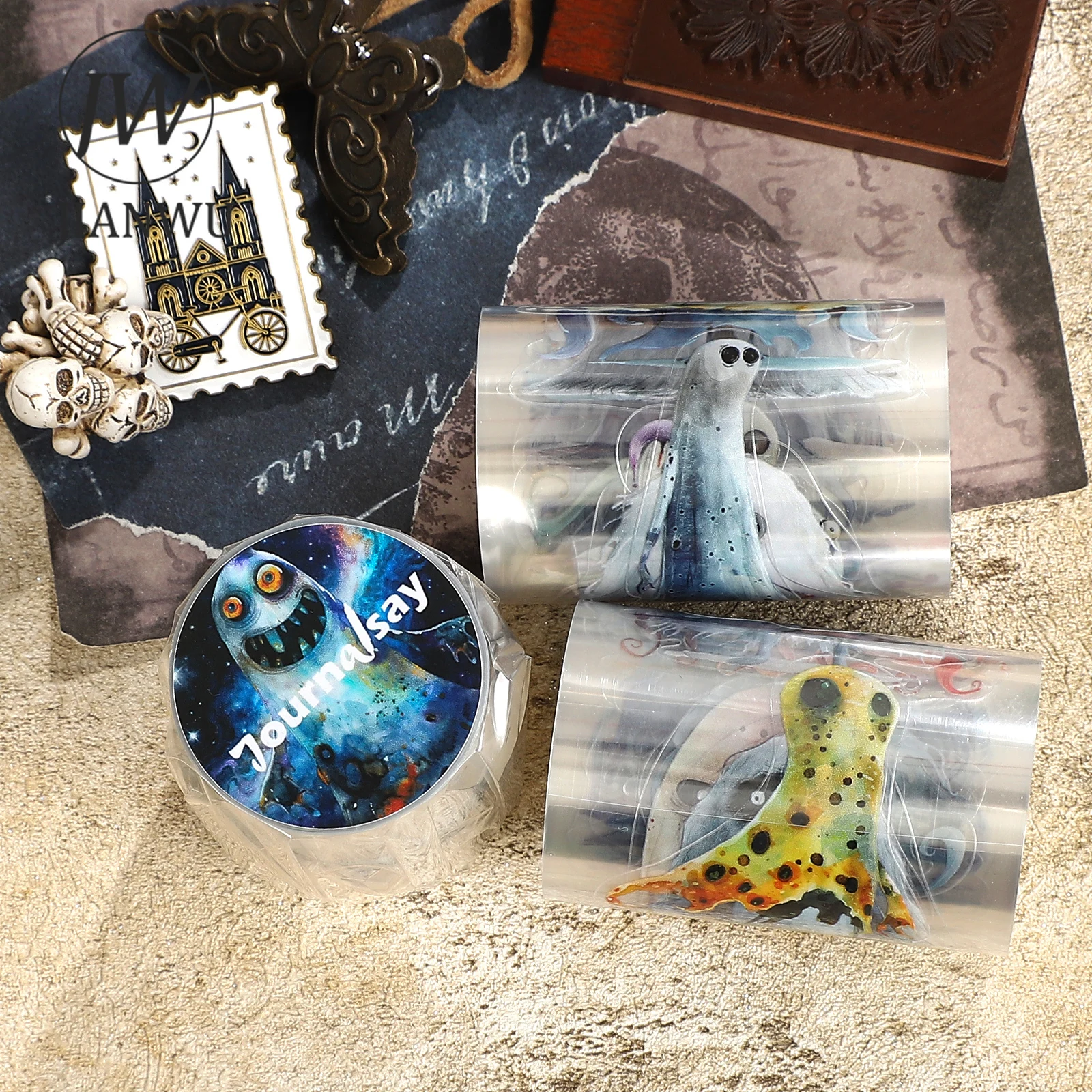 JIANWU 60mm*200cm Pita PET Vintage Karakter Hantu Unik untuk Kolase Bahan Lanskap Scrapbook Kreatif DIY Alat Tulis Jurnal