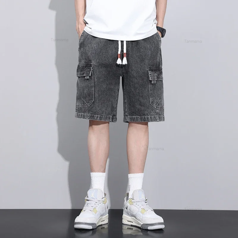 Summer Men\'s Loose Denim Shorts Blue Gray Streetwear Straight Elastic Waist Drawstring Fashionable Casual Short Jeans Male